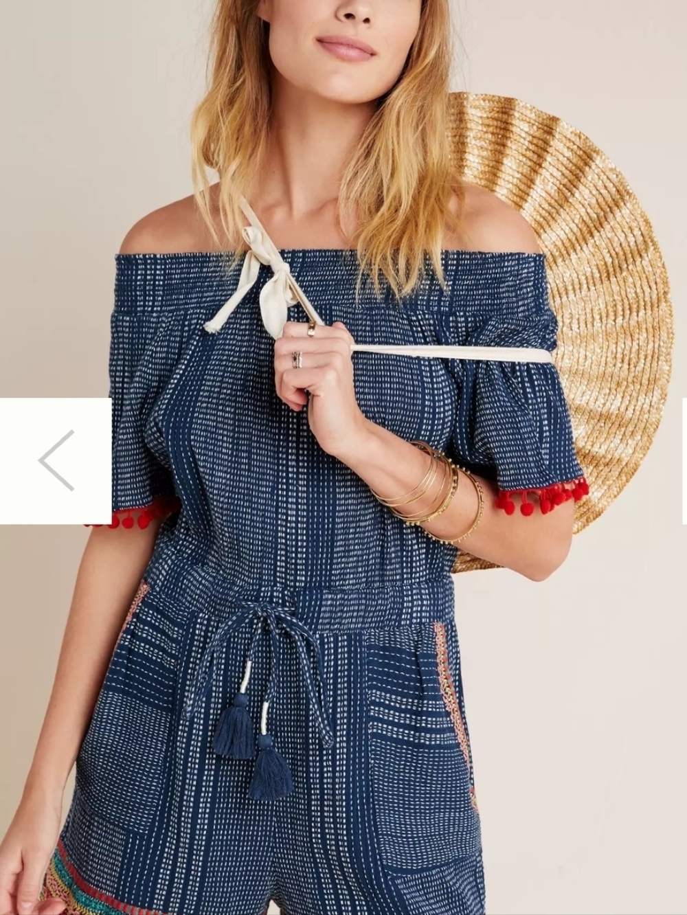 THML Navy Off-Shoulder Romper with Red Pom Trim ANTHROPOLGIE